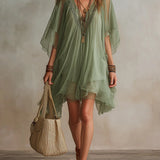 Abito Mini Fluttuante in Chiffon Verde con Scollo a V
