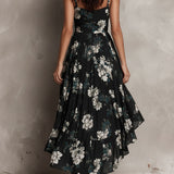Abito Maxi Senza Spalline con Stampa Floreale Nera