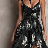 Abito Maxi Senza Spalline con Stampa Floreale Nera