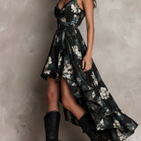 Abito Maxi Senza Spalline con Stampa Floreale Nera