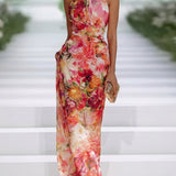 Abito Maxi in Chiffon Rosso con Scollo Halter
