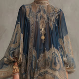Abito Mini in Chiffon con Stampa Barocca Blu Navy