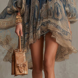 Abito Mini in Chiffon Irregolare con Stampa Barocca Blu Navy e Collo Alto
