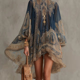 Abito Mini in Chiffon Irregolare con Stampa Barocca Blu Navy e Collo Alto