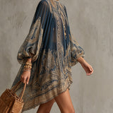 Abito Mini in Chiffon con Stampa Barocca Blu Navy