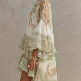 Abito Mini in Chiffon con Maniche a Volant e Orlo a Righe Verde