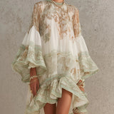 Abito Mini in Chiffon con Righe e Maniche a Volant Verde