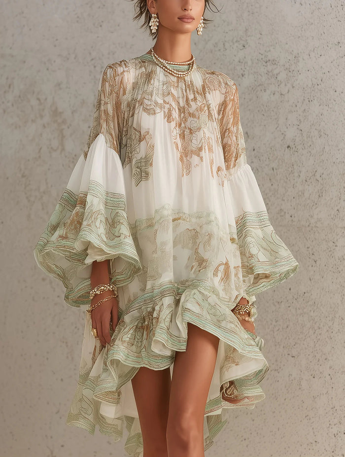 Abito Mini in Chiffon con Maniche a Volant e Orlo a Righe Verde