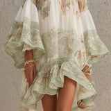 Abito Mini in Chiffon con Maniche a Volant e Orlo a Righe Verde
