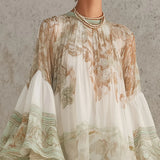 Abito Mini in Chiffon con Maniche a Volant e Orlo a Righe Verde