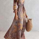 Abito Maxi in Chiffon con Stampa Paisley e Scollo a V