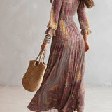 Abito Maxi in Chiffon con Stampa Paisley e Scollo a V