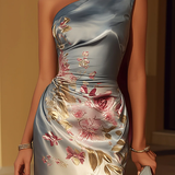 Abito Midi in Satin con Stampa Floreale a Spalla Scoperta