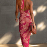 Abito Bodycon Senza Maniche con Stampa Floreale Fucsia