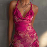 Abito Bodycon Senza Maniche con Stampa Floreale Fucsia