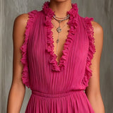 Jumpsuit in Chiffon Pieghettato con Bordo a Righe Fucsia
