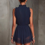 Tuta in Chiffon Pieghettato con Rouches e Pizzo Blu Navy