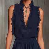 Tuta in Chiffon Pieghettato con Rouches e Pizzo Blu Navy