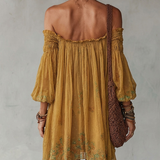 Abito Mini Giallo in Chiffon con Fiori Spalle Scoperte