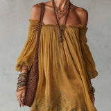 Abito Mini Giallo in Chiffon con Fiori Spalle Scoperte
