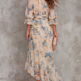 Abito Maxi in Chiffon Irregolare con Stampa Floreale