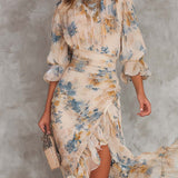 Abito Maxi in Chiffon Irregolare con Stampa Floreale