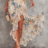 Abito Maxi in Chiffon Irregolare con Stampa Floreale