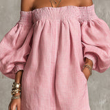 Abito Mini A-line Rosa con Maniche a Lantern e Spalle Scoperte
