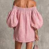 Abito Mini A-line Rosa con Maniche a Lantern e Spalle Scoperte