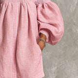 Abito Mini A-line Rosa con Maniche a Lantern e Spalle Scoperte