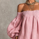 Abito Mini A-line Rosa con Maniche a Lantern e Spalle Scoperte