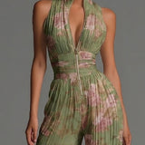 Tuta in Chiffon Verde Floreale Senza Maniche con Zip