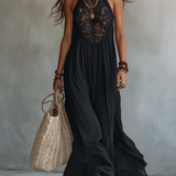 Abito Maxi Nero Senza Maniche con Pizzo Bohemien