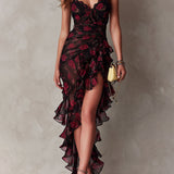 Abito Chic Nero e Rosso con Fiori e Rouches