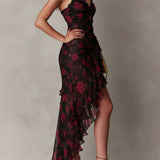Abito Chic Nero e Rosso con Fiori e Rouches