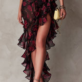 Abito Chic Nero e Rosso con Fiori e Rouches