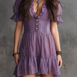 Abito Mini in Chiffon con Maniche a Puff e Righe Arricciate
