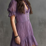 Abito Mini in Chiffon con Maniche a Puff e Righe Arricciate