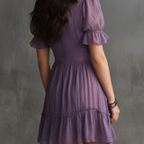 Abito Mini in Chiffon con Maniche a Puff e Righe Arricciate
