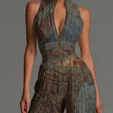 Tuta Senza Maniche in Chiffon con Stampa Etnica Bohemien