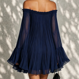 Abito Mini a Maniche a Campana con Ruches e Spalle Scoperte Blu Navy
