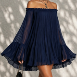 Abito Mini a Maniche a Campana con Ruches e Spalle Scoperte Blu Navy
