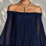 Abito Mini a Maniche a Campana con Ruches e Spalle Scoperte Blu Navy