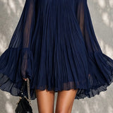 Abito Mini a Maniche a Campana con Ruches e Spalle Scoperte Blu Navy