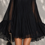 Abito Mini Nero con Maniche a Campana e Rouches Off-shoulder