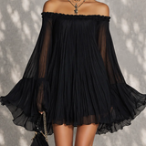 Abito Mini Nero con Maniche a Campana e Rouches Off-shoulder