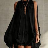 Abito Mini Bubble in Chiffon Nero con Collo Halter e Volant