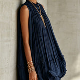 Abito Mini Bubble in Chiffon Ruffle con Scollo Halter Blu Navy