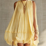 Abito Mini Bubble in Chiffon Giallo con Scollo a Halter e Volant