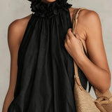 Abito Mini Senza Maniche con Collo Halter in Chiffon Nero con Volant
